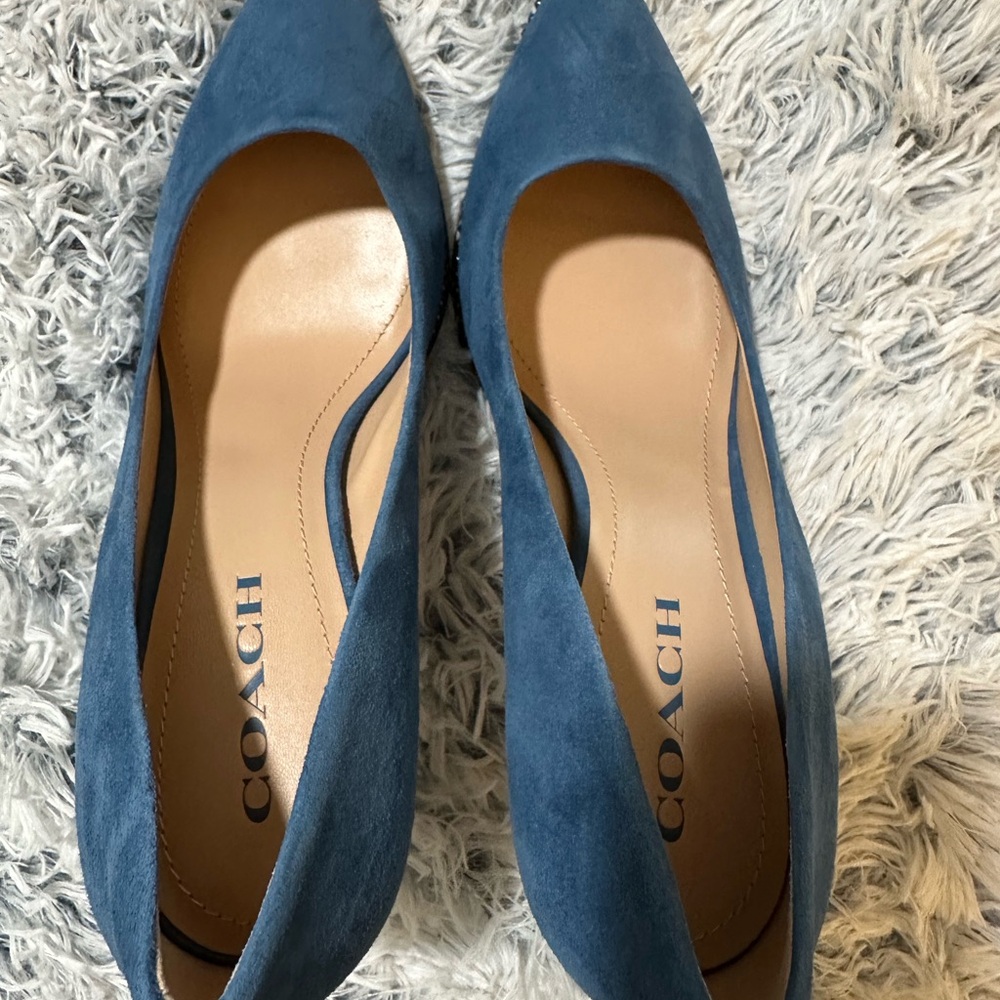 New in Box Coach Lake Blue Suede Heels, Size 10